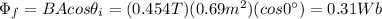 \Phi_f = BAcos \theta_i = (0.454 T)(0.69 m^2)(cos 0^{\circ})=0.31 Wb