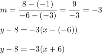 m=\dfrac{8-(-1)}{-6-(-3)}=\dfrac{9}{-3}=-3\\\\y-8=-3(x-(-6))\\\\y-8=-3(x+6)