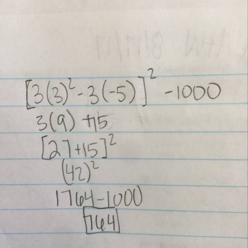 Evaluate for c=3 and d=-5 (3c^2-3d)^2-1000