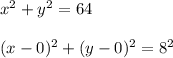 x^2+y^2=64\\\\(x-0)^2+(y-0)^2=8^2