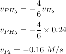 \displaystyle v_{PH_3}=-\frac{4}{6}v_{H_2}\\\\v_{PH_3}=-\frac{4}{6}\times 0.24\\\\v_{P_4}=-0.16~M/s