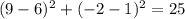 (9-6)^2+(-2-1)^2=25