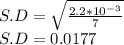 S.D=\sqrt{\frac{2.2*10^{-3}}{7}}\\S.D=0.0177