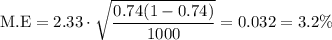 \text{M.E}=2.33\cdot \sqrt{\dfrac{0.74(1-0.74)}{1000}}=0.032=3.2\%