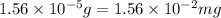 1.56\times 10^{-5}g=1.56\times 10^{-2}mg