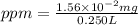 ppm=\frac{1.56\times 10^{-2}mg}{0.250L}