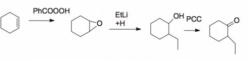 Cylcohexene goes through the following:   1) phcoooh 2) etli, then h3o 3) pcc