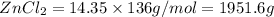 ZnCl_2=14.35\times 136g/mol=1951.6g