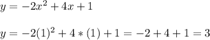 y=-2x^{2} +4x+1\\\\y=-2(1)^{2}+4*(1)+1=-2+4+1=3