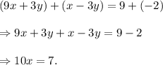 (9x+3y)+(x-3y)=9+(-2)\\\\\Rightarrow 9x+3y+x-3y=9-2\\\\\Rightarrow 10x=7.