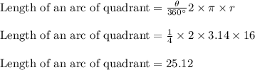 \text{Length of an arc of quadrant}=\frac{\theta}{360\textdegree}2\times \pi \times r\\\\\text{Length of an arc of quadrant}=\frac{1}{4}\times 2\times 3.14\times 16\\\\\text{Length of an arc of quadrant}=25.12