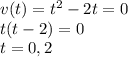 v(t) = t^2-2t=0\\t(t-2)=0\\t=0,2