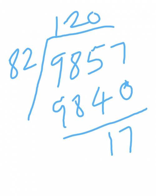 What is the remainder when 9,857 is divided by 82?  a) 16 b) 17 c) 19 d) 21