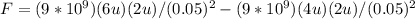 F = (9*10^9)(6u)(2u)/(0.05)^2 - (9*10^9)(4u)(2u)/(0.05)^2