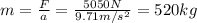 m=\frac{F}{a}=\frac{5050 N}{9.71 m/s^2}=520 kg