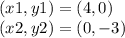 (x1, y1) = (4,0)\\(x2, y2) = (0, -3)