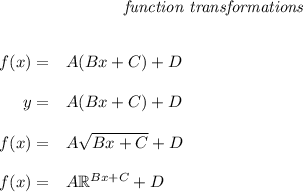 \qquad \qquad \qquad \qquad \textit{function transformations}&#10;\\ \quad \\&#10;&#10;\begin{array}{rllll}&#10;% left side templates&#10;f(x)=&{{  A}}({{  B}}x+{{  C}})+{{  D}}&#10;\\ \quad \\&#10;y=&{{  A}}({{  B}}x+{{  C}})+{{  D}}&#10;\\ \quad \\&#10;f(x)=&{{  A}}\sqrt{{{  B}}x+{{  C}}}+{{  D}}&#10;\\ \quad \\&#10;f(x)=&{{  A}}\mathbb{R}^{{{  B}}x+{{  C}}}+{{  D}}&#10;\end{array}
