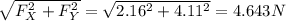 \sqrt{F_X^2+F_Y^2}=\sqrt{2.16^2+4.11^2}=4.643N