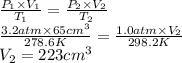 \frac{P_{1}\times V_{1}}{T_{1}} =\frac{P_{2}\times V_{2}}{T_{2}}\\\frac{3.2atm\times 65cm^{3} }{278.6K} =\frac{1.0atm\times V_{2}}{298.2K}\\V_{2}=223cm^{3}