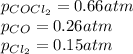 p_{COCl_2}=0.66atm\\p_{CO}=0.26atm\\p_{Cl_2}=0.15atm