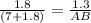 \frac{1.8}{(7 + 1.8)} = \frac{1.3}{AB}