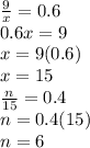 \frac{9}{x} =0.6 \\ 0.6x=9 \\ x=9(0.6) \\ x=15 \\  \frac{n}{15} =0.4 \\ n=0.4(15) \\ n=6
