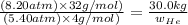 \frac{(8.20atm)\times 32g/mol)}{(5.40atm)\times 4g/mol)}=\frac{30.0kg}{w_{He}}