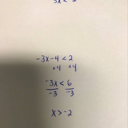 Which values are solutions to the ineaquality -3x-4< 2=