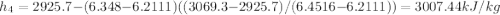h_4=2925.7-(6.348-6.2111)((3069.3-2925.7)/(6.4516-6.2111))=3007.44kJ/kg