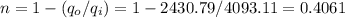 n=1-(q_o/q_i)=1-2430.79/4093.11=0.4061
