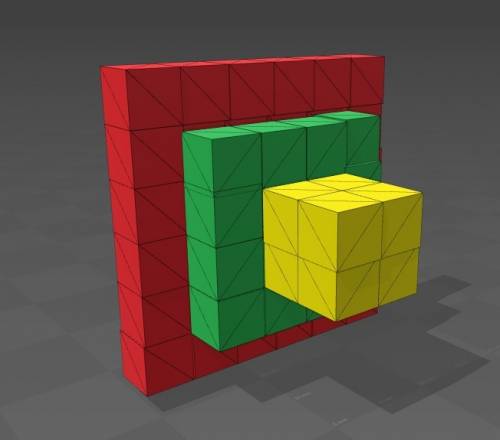 John has yellow, green, and red cubes, each with side length c. eight yellow cubes are glued togethe