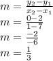 m=\frac{y_2-y_1}{x_2-x_1}\\m=\frac{0-2}{1-7}\\m=\frac{-2}{-6}\\m=\frac{1}{3}
