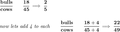 \bf \cfrac{bulls}{cows}\qquad \cfrac{18}{45}\implies \cfrac{2}{5}&#10;\\\\\\&#10;\textit{now lets add 4 to each}\qquad \cfrac{bulls}{cows}\qquad \cfrac{18+4}{45+4}\implies \cfrac{22}{49}