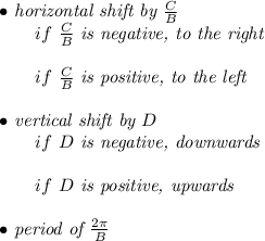 \bf \begin{array}{llll}&#10;\bullet \textit{ horizontal shift by }\frac{{{  C}}}{{{  B}}}\\&#10;\qquad  if\ \frac{{{  C}}}{{{  B}}}\textit{ is negative, to the right}\\\\&#10;\qquad  if\ \frac{{{  C}}}{{{  B}}}\textit{ is positive, to the left}\\\\&#10;\bullet \textit{ vertical shift by }{{  D}}\\&#10;\qquad if\ {{  D}}\textit{ is negative, downwards}\\\\&#10;\qquad if\ {{  D}}\textit{ is positive, upwards}\\\\&#10;\bullet \textit{ period of }\frac{2\pi }{{{  B}}}&#10;\end{array}&#10;