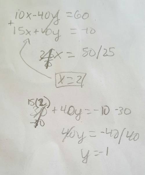 Use elimination to solve the system of equations. 10x-40y=60 15x+40y=-10