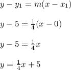 y-y_1=m(x-x_1)\\\\y-5=\frac{1}{4}(x-0)\\\\y-5=\frac{1}{4}x\\\\y=\frac{1}{4}x+5