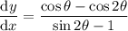 \dfrac{\mathrm dy}{\mathrm dx}=\dfrac{\cos\theta-\cos2\theta}{\sin2\theta-1}