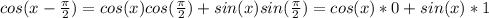 cos(x-\frac{\pi}{2}) = cos(x)cos(\frac{\pi}{2}) + sin(x)sin(\frac{\pi}{2}) = cos(x)*0 + sin(x) * 1