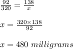 \frac{92}{320}=\frac{138}{x}\\\\x=\frac{320\times 138}{92}\\\\x=480\ milligrams