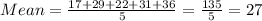 Mean=\frac{17+29+22+31+36}{5}=\frac{135}{5}=27