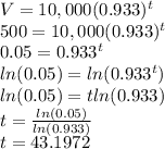 V=10,000(0.933)^t\\500=10,000(0.933)^t\\0.05=0.933^t\\ln(0.05)=ln(0.933^t)\\ln(0.05)=tln(0.933)\\t=\frac{ln(0.05)}{ln(0.933)}\\t=43.1972