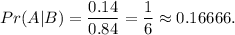 Pr(A|B)=\dfrac{0.14}{0.84} =\dfrac{1}{6}\approx 0.16666.