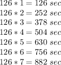 126*1=126\ sec\\126*2=252\ sec\\126*3=378\ sec\\126*4=504\ sec\\126*5=630\ sec\\126*6=756\ sec\\126*7=882\ sec