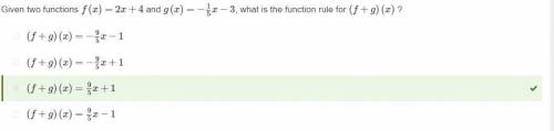 Given two functions f(x)=2x+4 and g(x)=−1/5x−3 , what is the function rule for (f+g)(x) ?