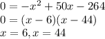 0 = -x^2 + 50x - 264 \\&#10;0 = (x-6)(x-44) \\&#10;x = 6, x = 44