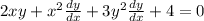 2xy+x^2 \frac{dy}{dx}+3y^2 \frac{dy}{dx}+4=0