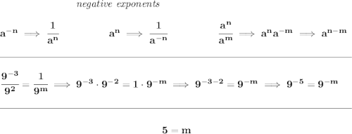 \bf ~\hspace{7em}\textit{negative exponents} \\\\ a^{-n} \implies \cfrac{1}{a^n} ~\hspace{4.5em} a^n\implies \cfrac{1}{a^{-n}} ~\hspace{4.5em} \cfrac{a^n}{a^m}\implies a^na^{-m}\implies a^{n-m} \\\\[-0.35em] \rule{34em}{0.25pt}\\\\ \cfrac{9^{-3}}{9^2}=\cfrac{1}{9^m}\implies 9^{-3}\cdot 9^{-2}=1\cdot 9^{-m}\implies 9^{-3-2}=9^{-m}\implies 9^{-5}=9^{-m} \\\\[-0.35em] \rule{34em}{0.25pt}\\\\ ~\hfill 5=m~\hfill