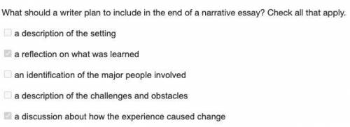 What should a writer plan to include in the end of a narrative essay?  check all that apply.