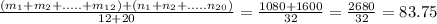 \frac{(m_1+ m_2+ .....+ m_1_2)+(n_1+ n_2+ ..... n_2_0)}{12+20}= \frac{1080+1600}{32}= \frac{2680}{32}=   83.75
