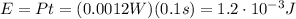 E=Pt=(0.0012 W)(0.1 s)=1.2\cdot 10^{-3}J